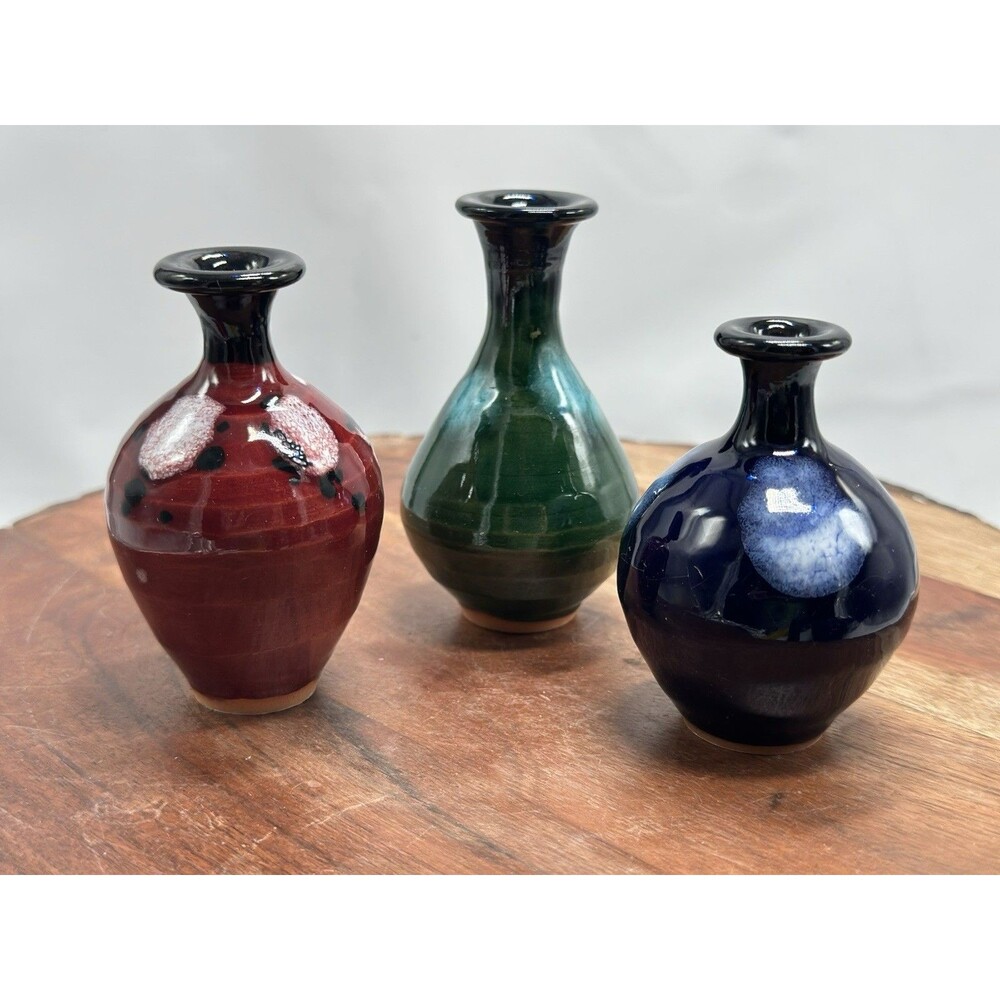 Miniature Pottery Vase Set Oxblood, Navy & Green Glaze Vase Set